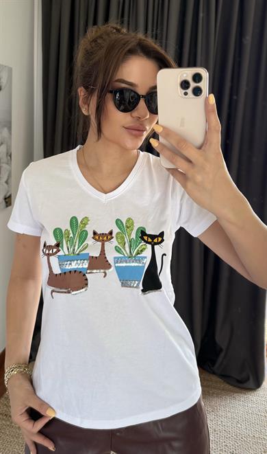 Beyaz Yeni Sezon %100 Pamuk T-shirt-Kaktüs Pul Payet İşlemeli