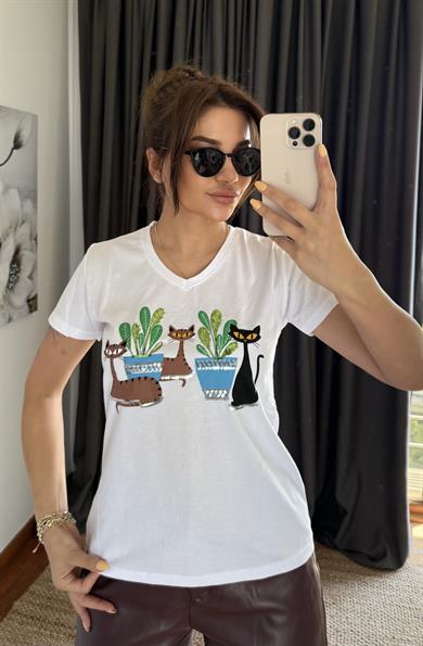 Beyaz Yeni Sezon %100 Pamuk T-shirt-Kaktüs Pul Payet İşlemeli