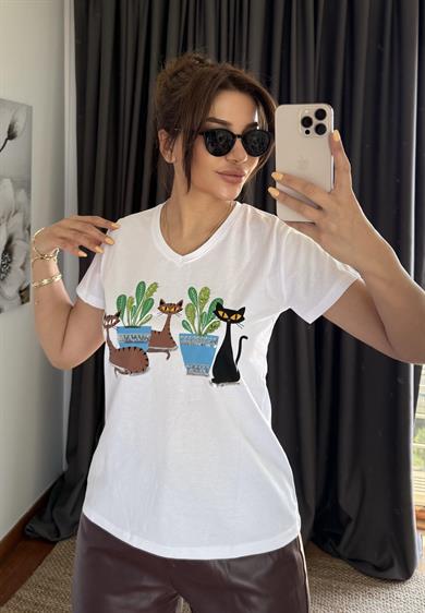 Beyaz Yeni Sezon %100 Pamuk T-shirt-Kaktüs Pul Payet İşlemeli