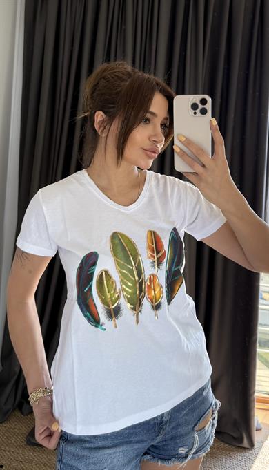Beyaz Yeni Sezon %100 Pamuk T-shirt Özel  İşlemeli