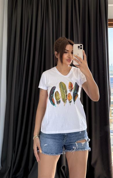 Beyaz Yeni Sezon %100 Pamuk T-shirt Özel  İşlemeli