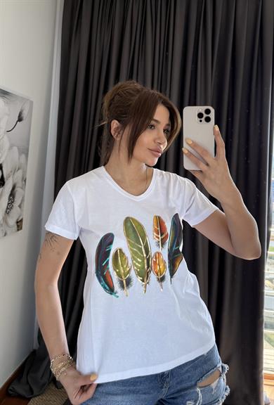 Beyaz Yeni Sezon %100 Pamuk T-shirt Özel  İşlemeli