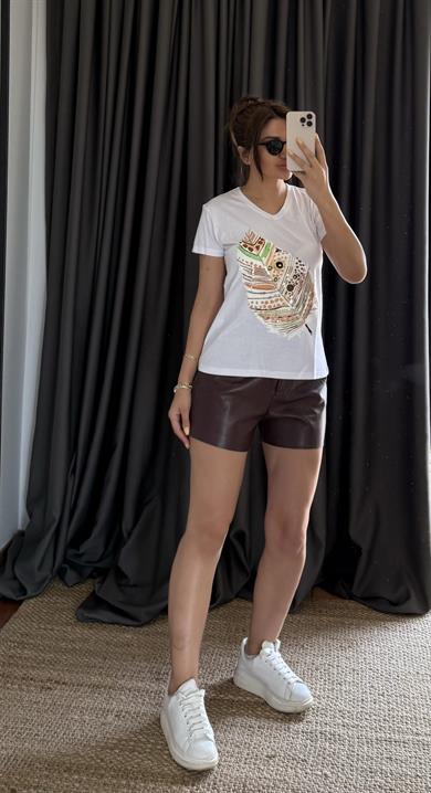 Beyaz Yeni Sezon %100 Pamuk T-shirt-Yaprak Pul Payet İşlemeli