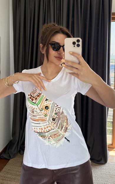 Beyaz Yeni Sezon %100 Pamuk T-shirt-Yaprak Pul Payet İşlemeli