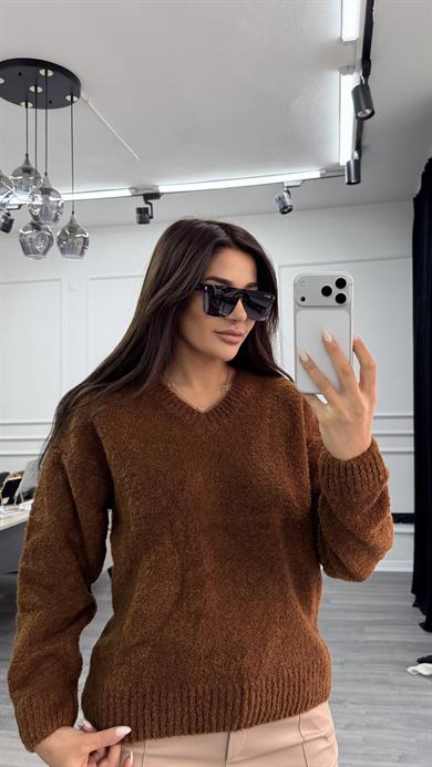 Bisiklet Yaka Düz Uzun Kollu Kadın Triko Kazak acı -kahve 