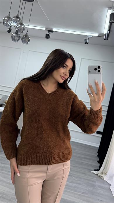 Bisiklet Yaka Düz Uzun Kollu Kadın Triko Kazak acı -kahve 