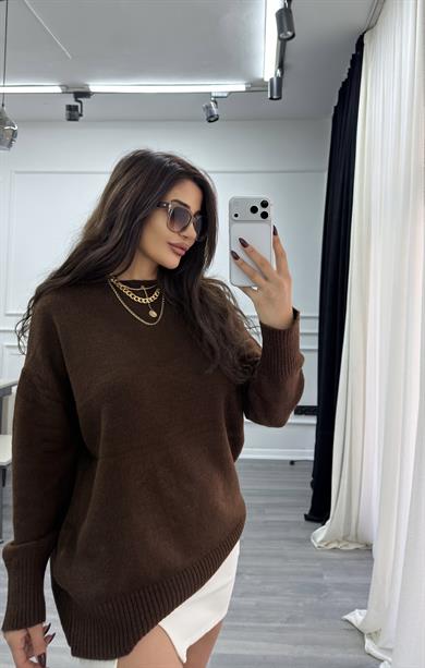 Bisiklet Yaka Oversize Kazak Acı Kahve