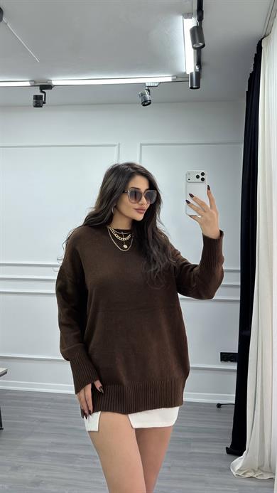 Bisiklet Yaka Oversize Kazak Acı Kahve