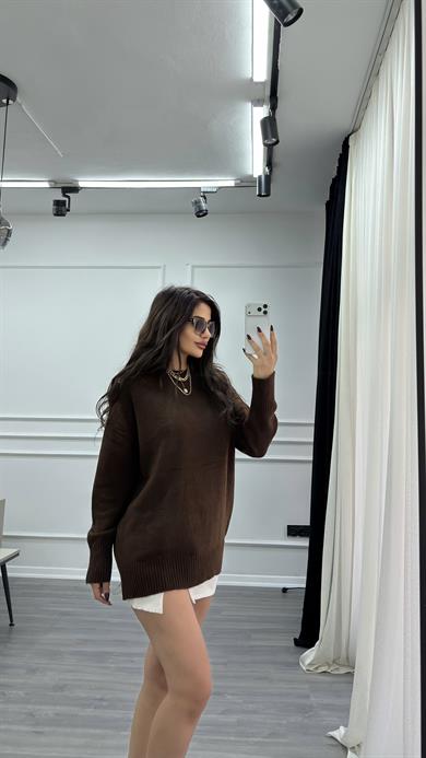 Bisiklet Yaka Oversize Kazak Acı Kahve
