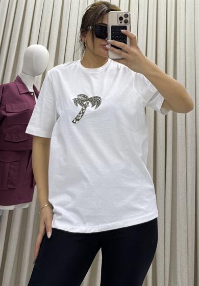 Bisiklet yaka, palmiye taş işlemeli t-shirt-Beyaz