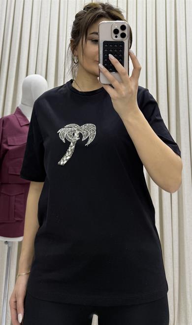 Bisiklet yaka, palmiye taş işlemeli t-shirt-Siyah