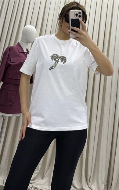 Bisiklet yaka, palmiye taş işlemeli t-shirt-Beyaz