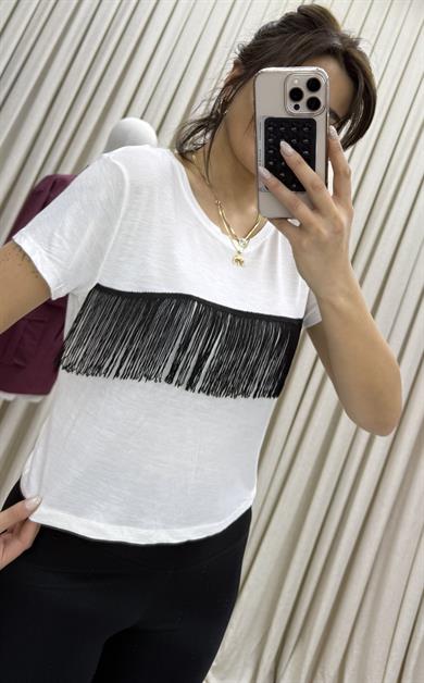 Bisiklet Yaka Püsküllü T-Shirt Beyaz