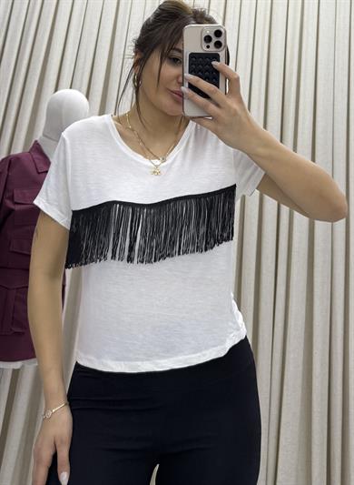 Bisiklet Yaka Püsküllü T-Shirt Beyaz