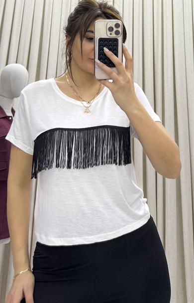 Bisiklet Yaka Püsküllü T-Shirt Beyaz