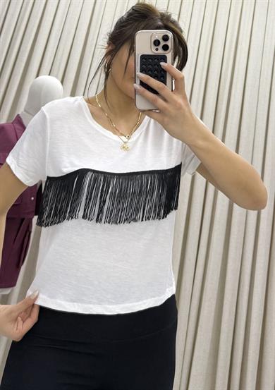 Bisiklet Yaka Püsküllü T-Shirt Beyaz