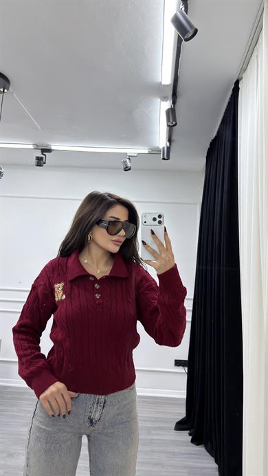 Bordo Ayıcıklı Nakış Desenli Triko Kazak Bej 