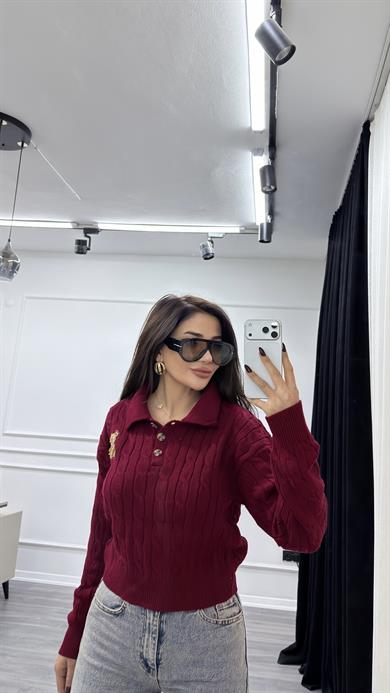 Bordo Ayıcıklı Nakış Desenli Triko Kazak Bej 