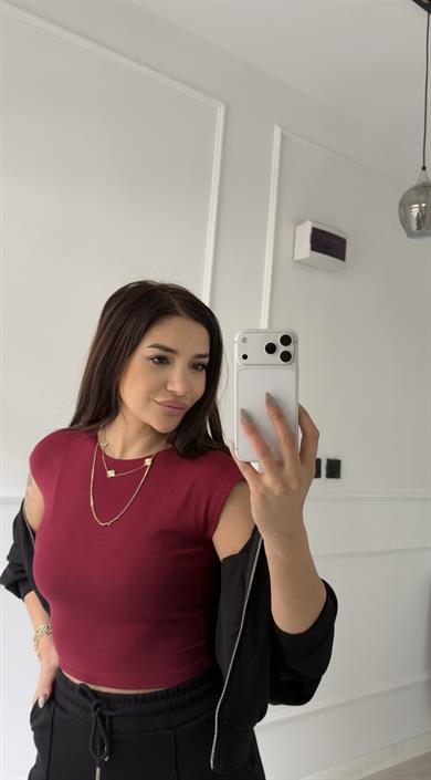 Bordo Bisiklet Yaka Kısa Kollu Bluz