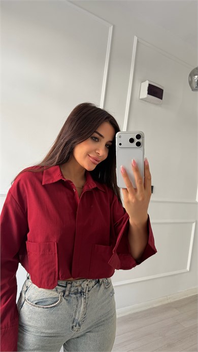 Bordo Çift Cepli Kısa Boy Oversize Gömlek