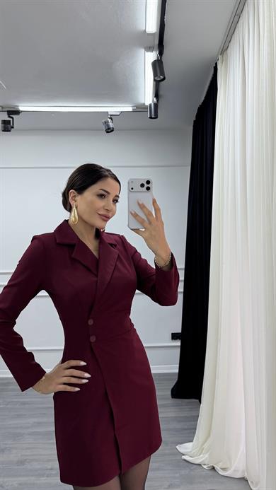 Bordo Düğme Detaylı Kısa Boy Dokuma Ceket Elbise