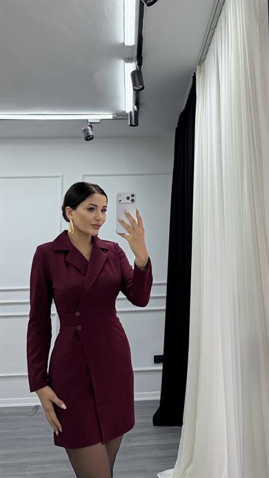 Bordo Düğme Detaylı Kısa Boy Dokuma Ceket Elbise