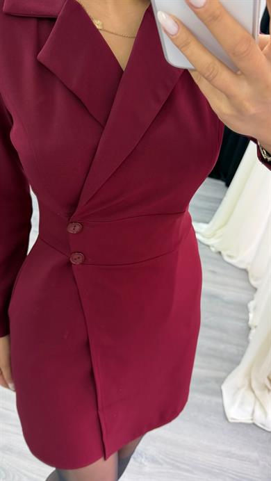 Bordo Düğme Detaylı Kısa Boy Dokuma Ceket Elbise