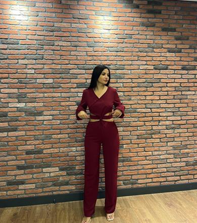 Bordo Beli Düğümlü Özel Tasarım Kadın Tulum