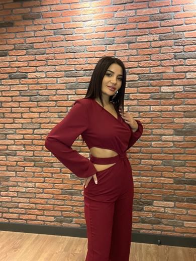 Bordo Beli Düğümlü Özel Tasarım Kadın Tulum