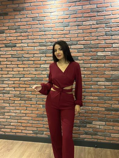 Bordo Beli Düğümlü Özel Tasarım Kadın Tulum