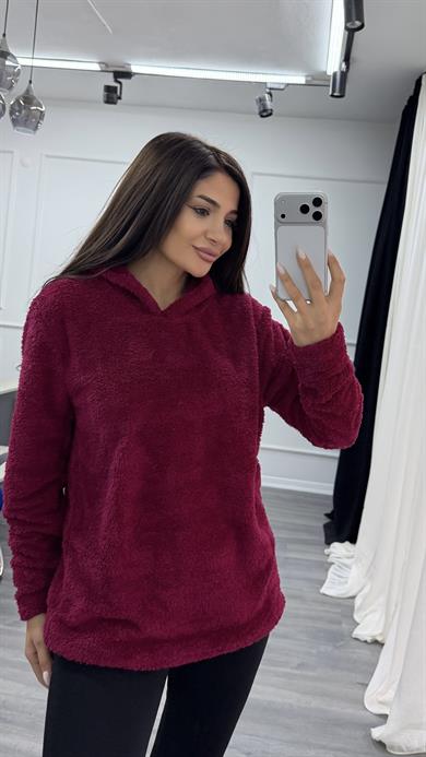 Bordo Kapüşonlu Yumoş Oversize Peluş Sweatshirt