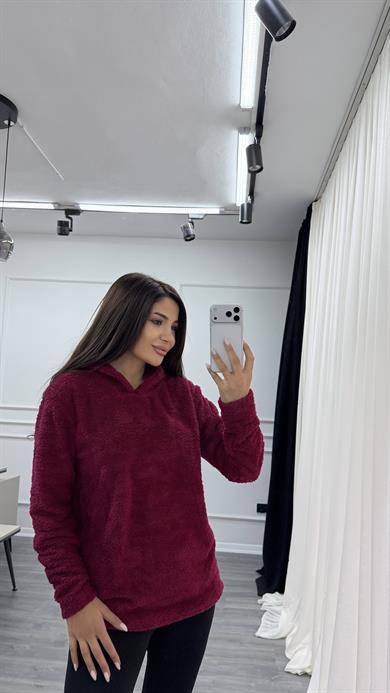 Bordo Kapüşonlu Yumoş Oversize Peluş Sweatshirt