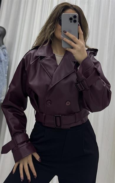 Bordo Kuşaklı Crop Deri Ceket