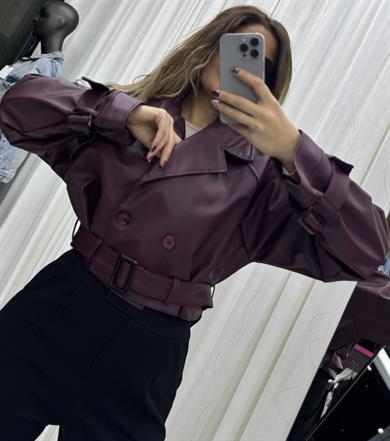 Bordo Kuşaklı Crop Deri Ceket