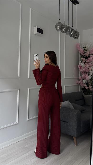 Bordo Madonna Yaka Fermuar Detaylı Pantolon Takım