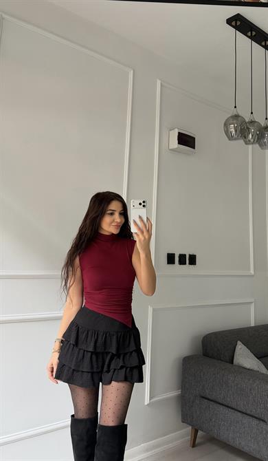 Bordo Modal Kumaş Kolsuz Yanları Büzgülü Bluz