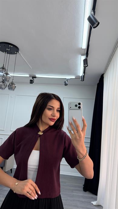 Bordo Önden Düğme Detaylı Örme Bluz