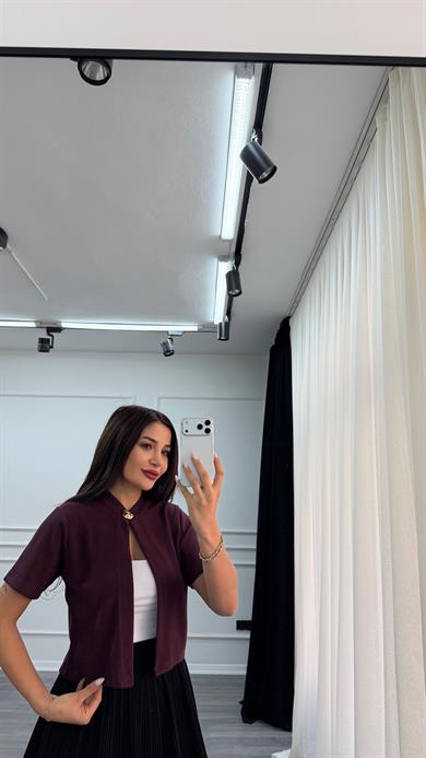 Bordo Önden Düğme Detaylı Örme Bluz
