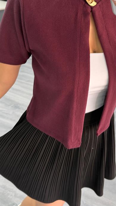 Bordo Önden Düğme Detaylı Örme Bluz