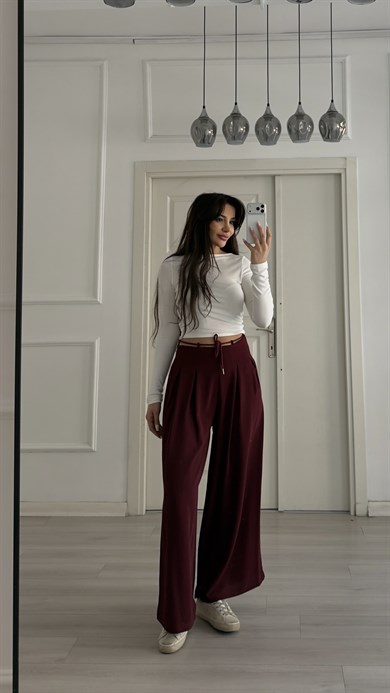 Bordo Pile Detaylı Kemerli Bol Paça Pantolon 