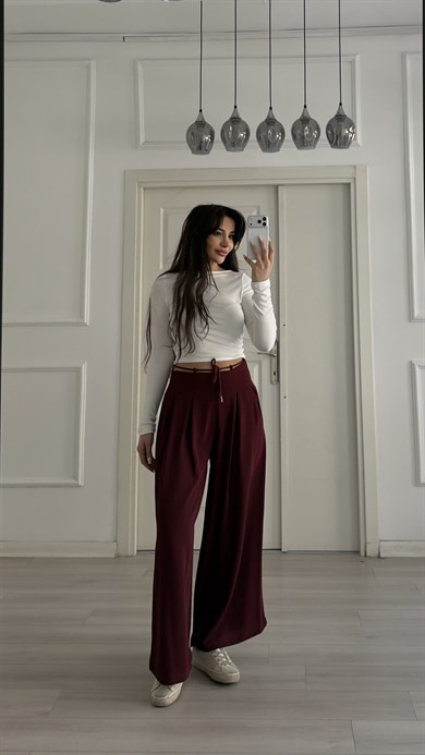 Bordo Pile Detaylı Kemerli Bol Paça Pantolon 