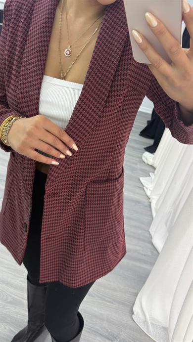 Bordo Uzun Cepli Ekose Desenli Çift Düğmeli Astarlı Ceket