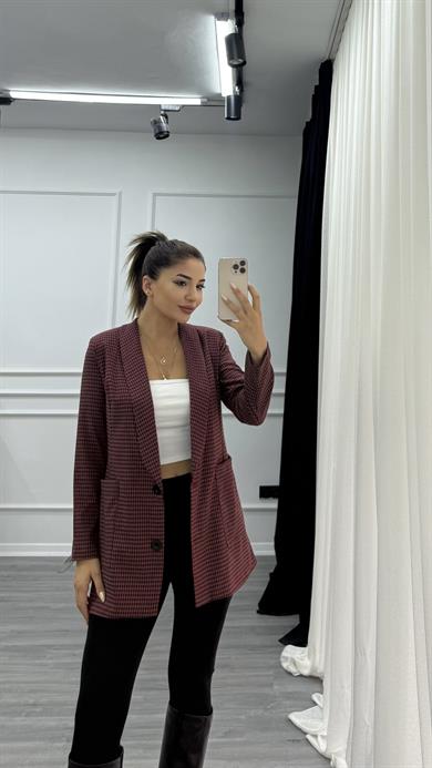 Bordo Uzun Cepli Ekose Desenli Çift Düğmeli Astarlı Ceket