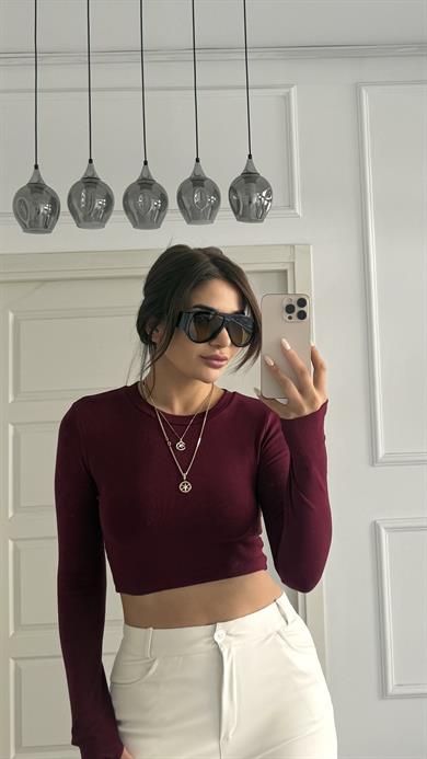 Bordo Uzun Kollu Parmak Geçmeli Crop Esnek Kumaş