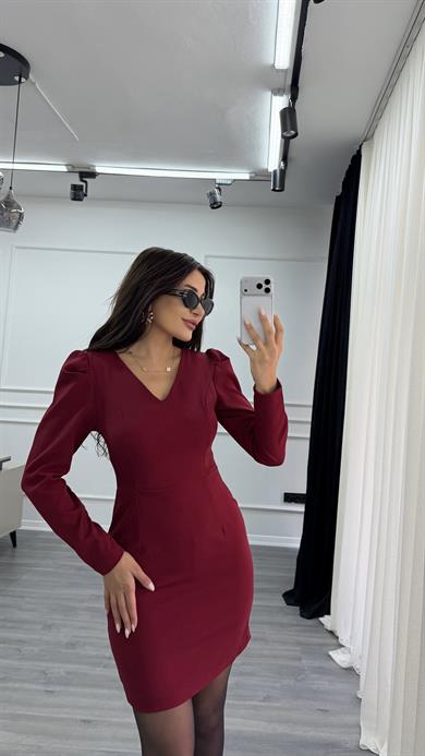 Bordo V Yaka Balon Kol Kısa Boy Dokuma Elbise