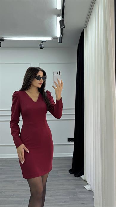 Bordo V Yaka Balon Kol Kısa Boy Dokuma Elbise