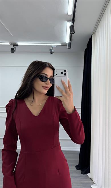 Bordo V Yaka Balon Kol Kısa Boy Dokuma Elbise