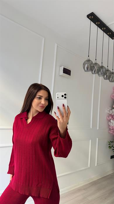 Bordo Yumuşak Dokulu Polo Yaka Triko Pantolon Takım