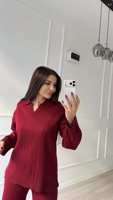 Bordo Yumuşak Dokulu Polo Yaka Triko Pantolon Takım