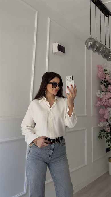 Bürümcük Dokulu Oversize Kesim Krem Gömlek